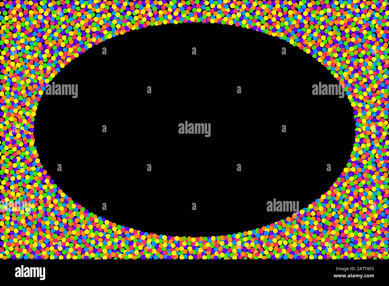 Farbenfroher Konfettirahmen auf schwarzem Hintergrund. Kleine Punkte in kräftigen und gesättigten Farben, zufällig auf einem schwarzen Rechteck verteilt und bilden eine Ellipse. Stockfoto