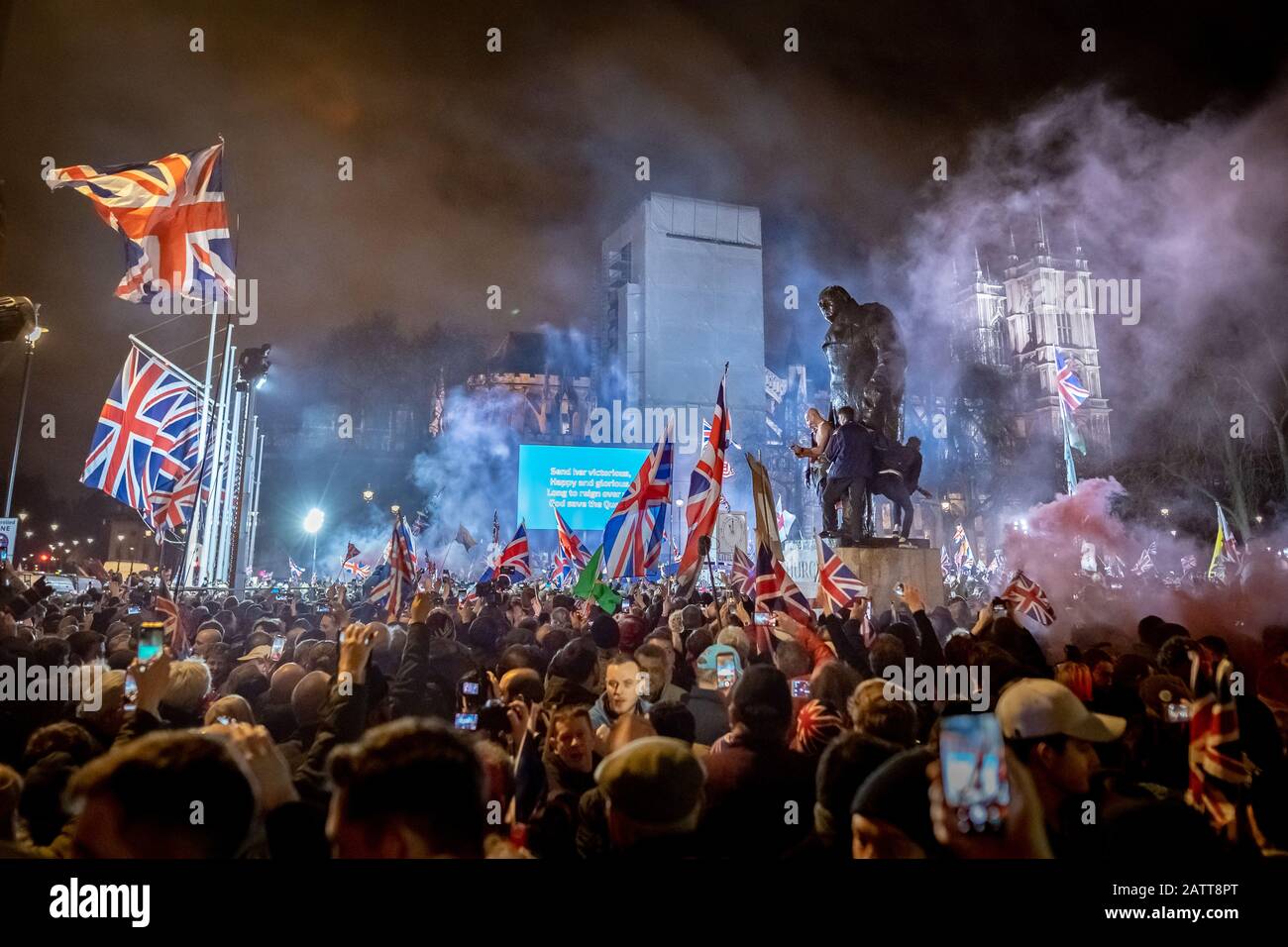 Britischer Brexit Tag 31. Januar 2020. Die Feierlichkeiten in London als Großbritannien verlassen die Europäische Union nach einer 47-jährigen Beziehung endgültig. Stockfoto