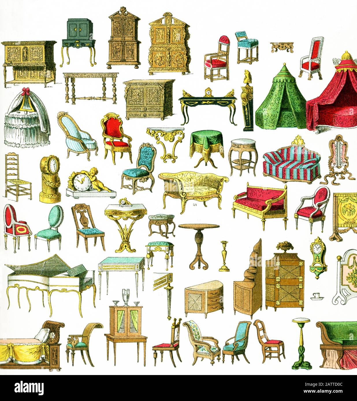 Hier werden verschiedene Artefakte gezeigt, die zwischen 1600 und 1800 datieren. Sie sind von links nach rechts, von oben nach unten: Eine Presse, ein Sekret, zwei Pressen, zwei Stühle, ein Tabourett, ein Stuhl, ein Tisch, ein Kommode, ein Tisch, eine Uhr, ein Bett; von 1700: Ein Bett, ein Toilettentisch, zwei Stühle, drei Tische, ein Sofa, ein Spiegel, ein Stuhl. Zwei Uhren, Ein Stuhl. Zwei Sofas, ein Stuhl, eine Feuerscheibe, drei Stühle, ein Tisch, ein Sitz, ein Tisch, ein Kerzenhalter, ein Sitz, ein Klavierforte, zwei Tische, ein Kommode, ein Eckschrank, eine Presse, eine Uhr, eine Tasse, eine Feuerscheibe; von 1700 bis 18700: Ein Sofa, ein Stuhl, ein Bücherregal, vier Stühle, ein Sofa Stockfoto