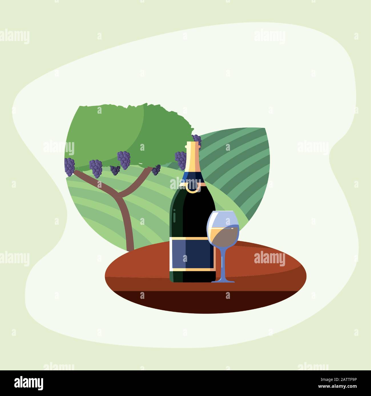Weinflasche und Tasse vor Trauben Baumdesign, Weinkellerei Alkoholgetränk Getränke-Restaurant und Festthema Vektor-Illustration Stock Vektor