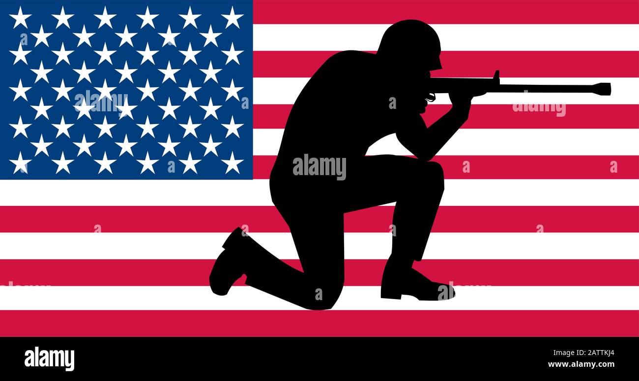 Vektor der Soldaten-Silhouette gegen amerikanische Flagge Stock Vektor