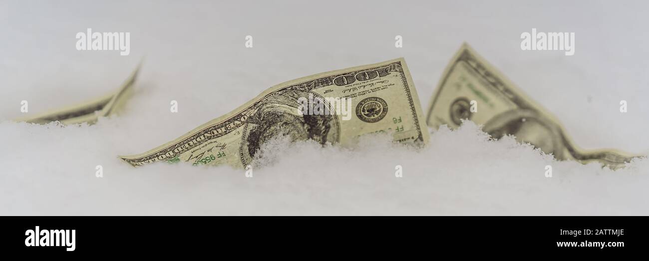 Das Konzept des Dollars war an einem Punkt eingefroren, 100 Dollar erfroren BANNER, LANGFORMAT Stockfoto