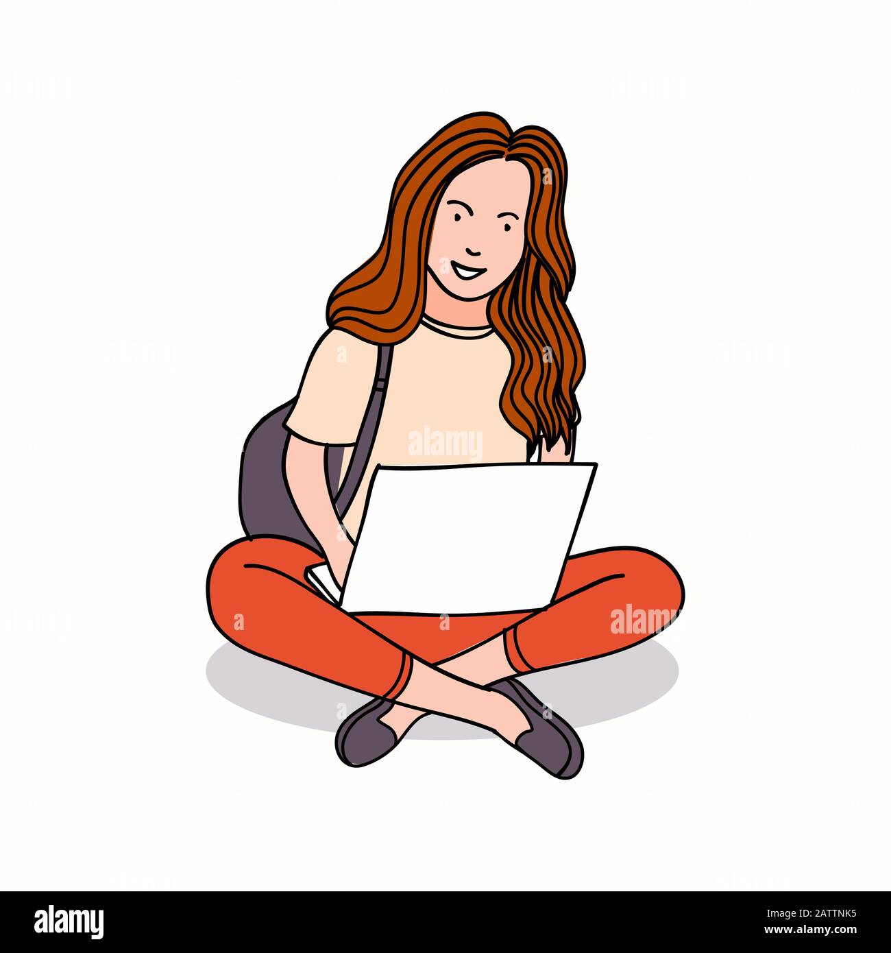 Junge Frau Im Sitzen verwendet Laptop, arbeitet auf Laptop, Liebenswerte Cartoon Character for Business or Education Concept - Flat Vector Illustration Stock Vektor
