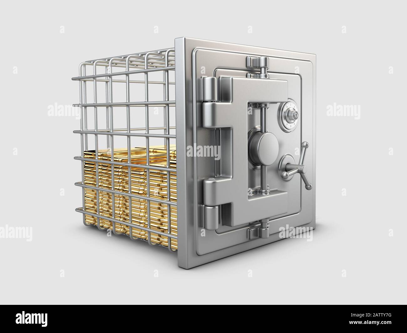 3D-Rendering von Sicherheitsmetall-Safe mit goldenen Balken im Inneren, Clipping-Pfad enthalten. Stockfoto