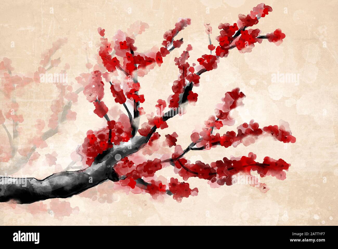 Frühlings- und Sommer-Blumen-Kollektion - japanischer Kirschbaum mit wunderschönen roten Blumen im digitalen Aquarellstil Stockfoto