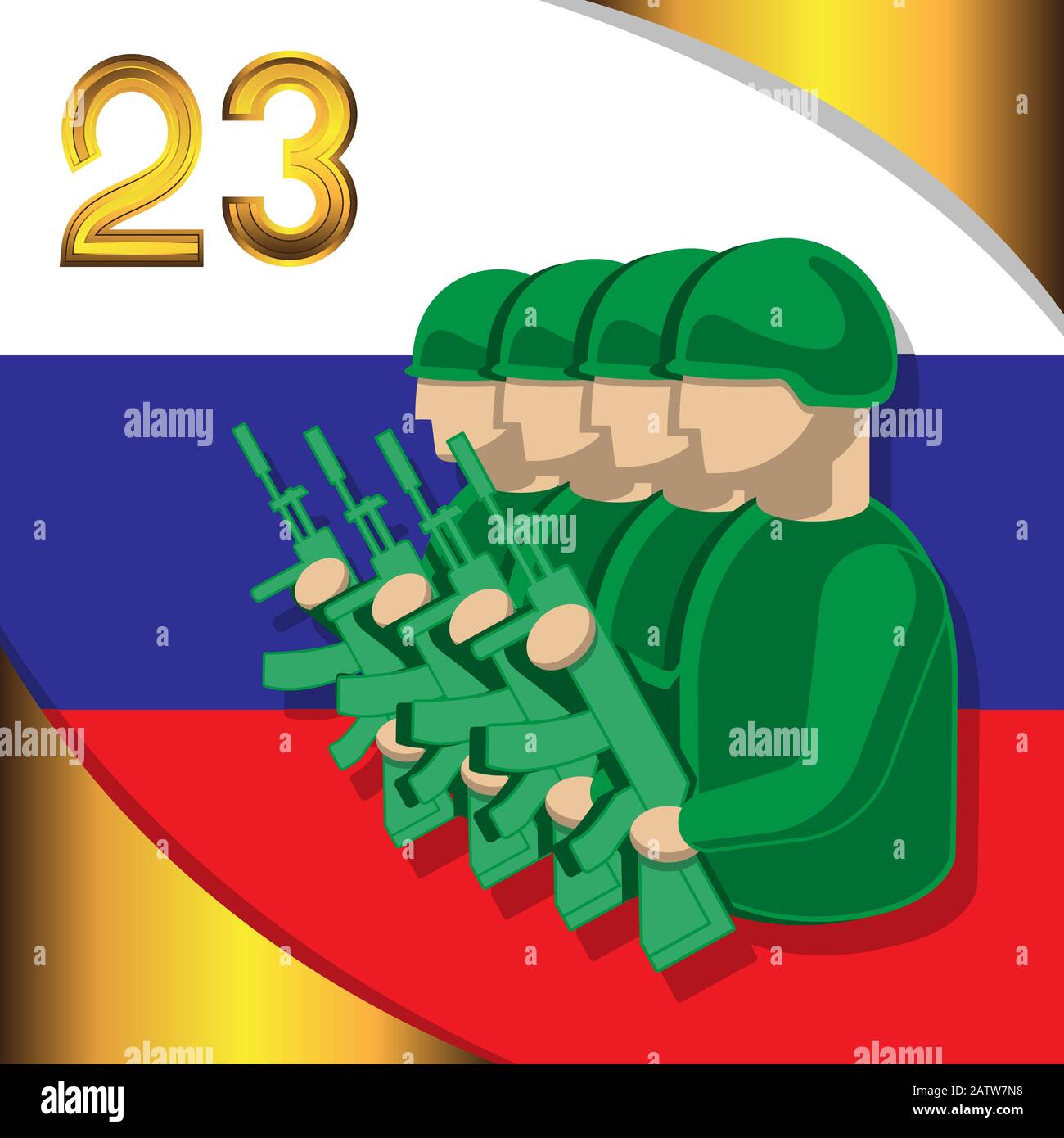 Februar 23 russische Soldaten mit einem Maschinengewehr auf einem isolierten Hintergrund der russischen Flagge. Vektorbild Stock Vektor