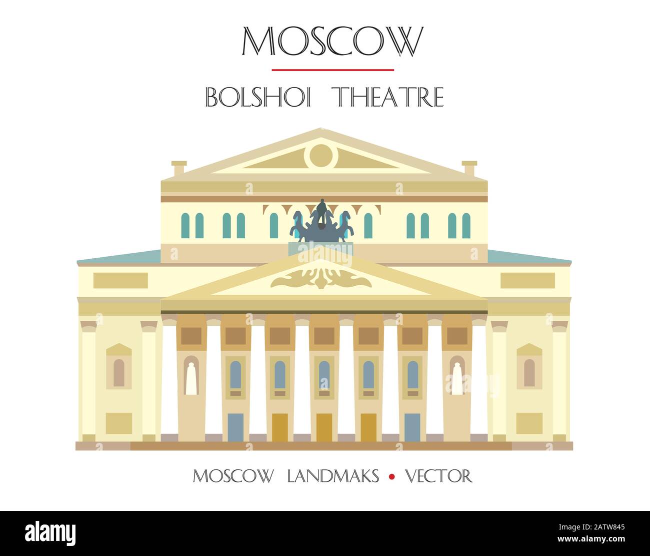 Farbenfrohes Vektor-Bolschoi-Theater (großes Theater), berühmtes Wahrzeichen Moskaus, Russland. Vektor-Flachdarstellung isoliert auf weißem Hintergrund. Stock illustrr Stock Vektor