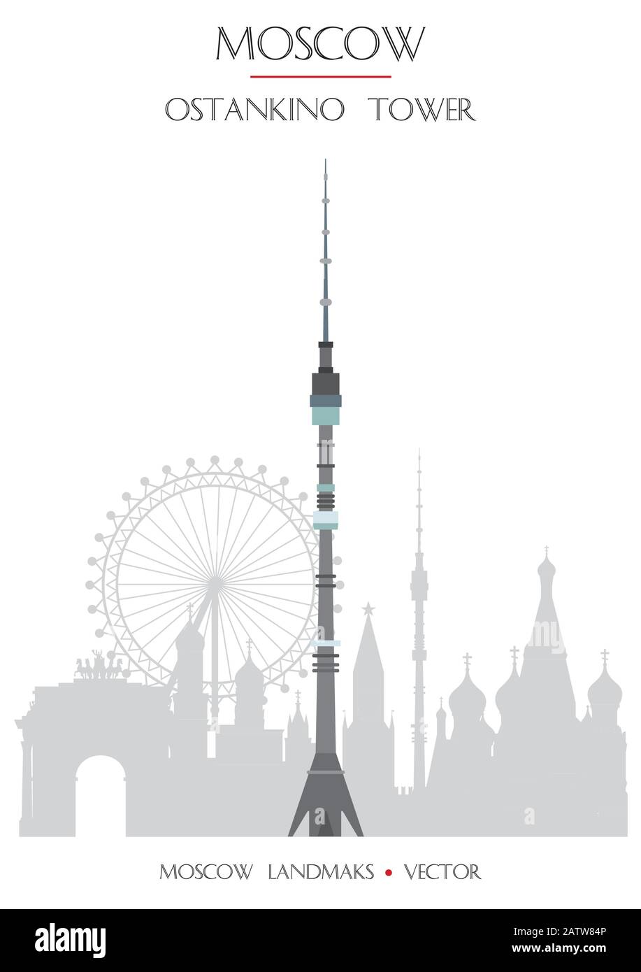 Farbenfroher Vektor Ostankino-Turm, berühmtes Wahrzeichen Moskaus, Russland. Vektor-Flachdarstellung isoliert auf weißem Hintergrund. Abbildung des Lagerbestands Stock Vektor