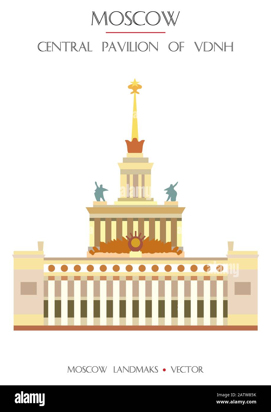 Bunter Vector Central Pavilion von VDNH, berühmter Wahrzeichen Moskaus, Russland. Vektor-Flachdarstellung isoliert auf weißem Hintergrund. Abbildung des Lagerbestands Stock Vektor
