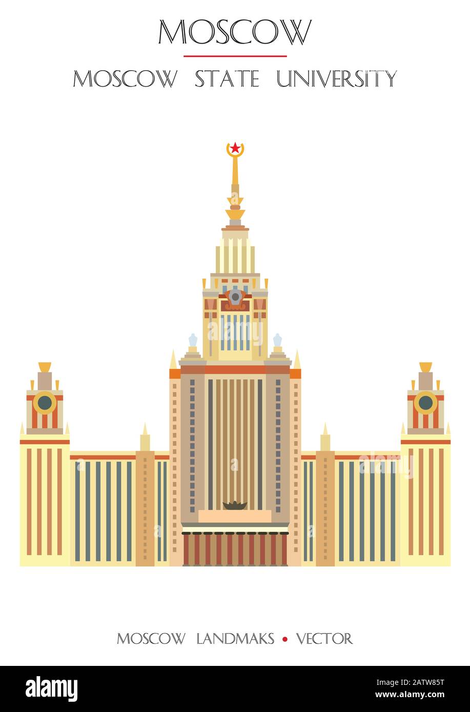Farbenfroher Vektor Moskauer Staatsuniversität, berühmtes Wahrzeichen Moskaus, Russland. Vektor-Flachdarstellung isoliert auf weißem Hintergrund. Abbildung des Lagerbestands Stock Vektor