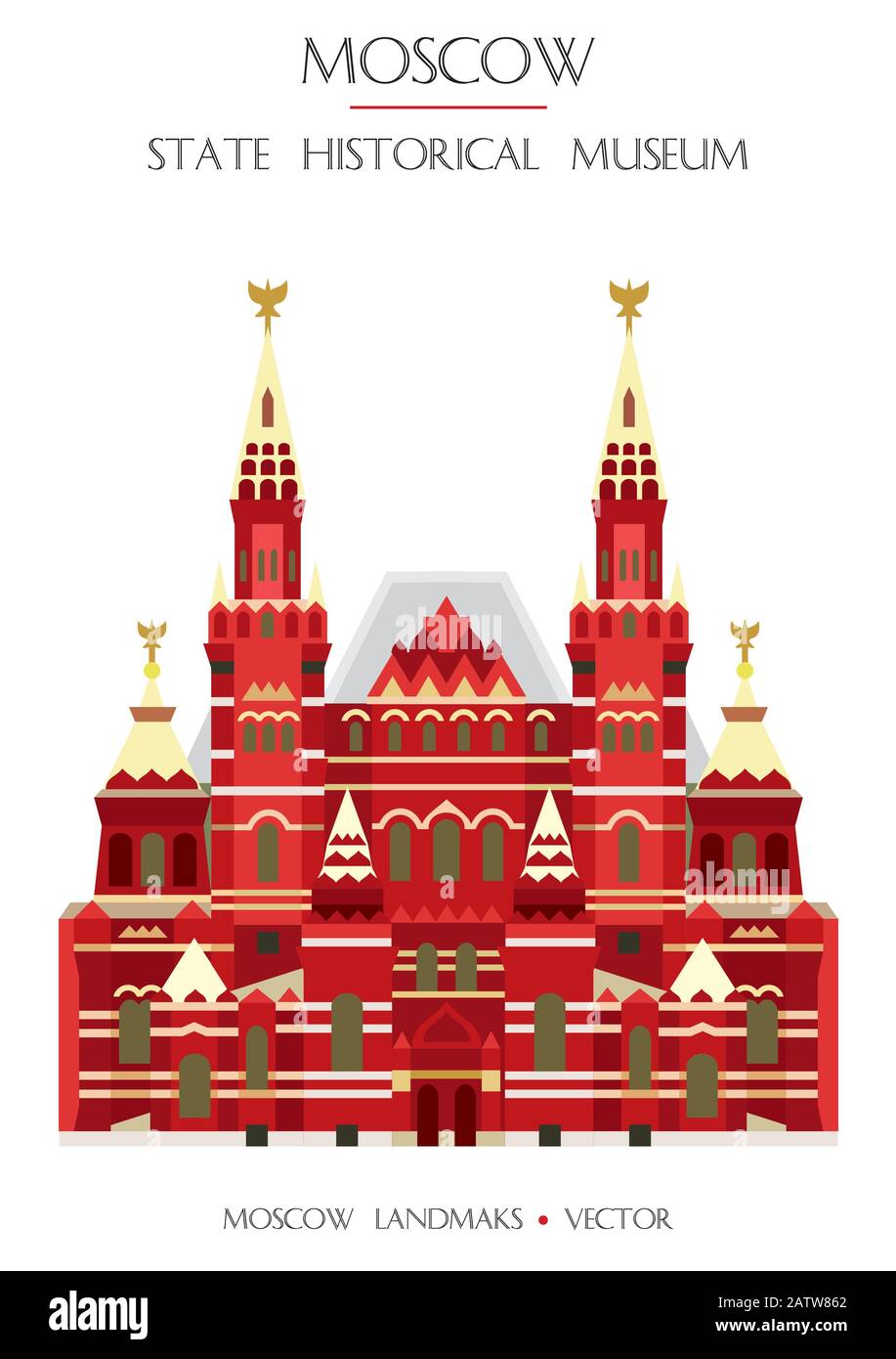 Farbenfrohes Vector State Historical Museum am Roten Platz, berühmtes Wahrzeichen Moskaus, Russland. Vektor-Flachdarstellung isoliert auf weißem Hintergrund. Bestand Stock Vektor