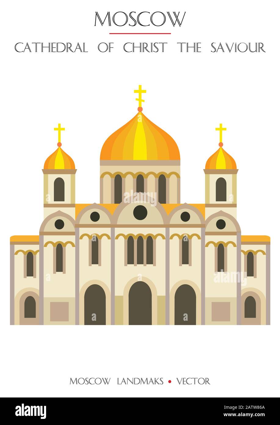 Farbenfrohe Vektor-Kathedrale von Christus, dem Erlöser, berühmtes Wahrzeichen Moskaus, Russland. Vektor-Flachdarstellung isoliert auf weißem Hintergrund. Lagerillus Stock Vektor