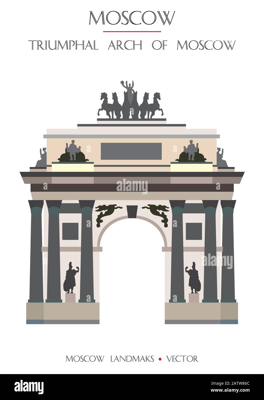Farbenfroher Vektor-Triumphbogen von Moskau auf Dem Siegesplatz, berühmtes Wahrzeichen Moskaus, Russland. Vektor-Flachdarstellung isoliert auf weißem Hintergrund. Stock Vektor