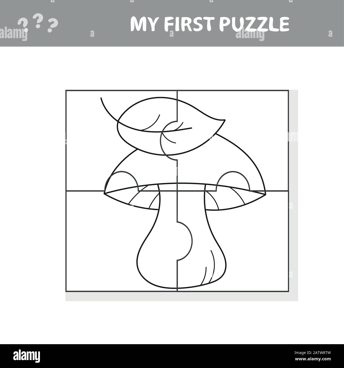 Cartoon weißer Pilz mit Blättern. Papierspiel Mein erstes Puzzle für Kinder und Kinder - Malbuch Stock Vektor