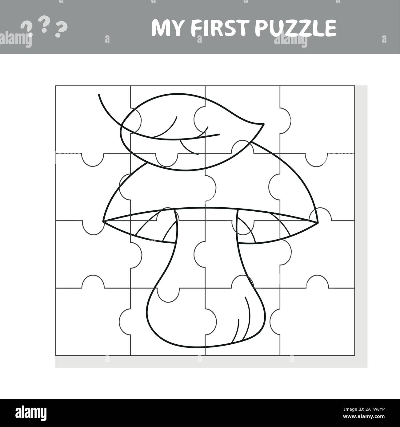 Cartoon weißer Pilz mit Blättern. Papierspiel Mein erstes Puzzle für Kinder und Kinder - Malbuch Stock Vektor