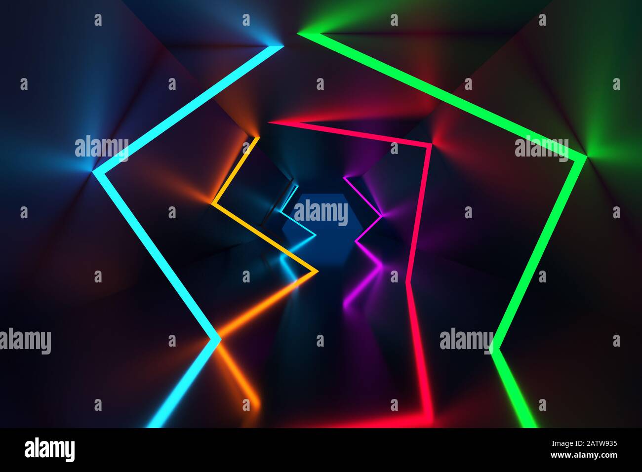3D-Rendering-Hintergrund, leuchtende Linien, Neonlichter, abstrakter psychedelischer Hintergrund, ultraviolette, leuchtende Farben Stockfoto
