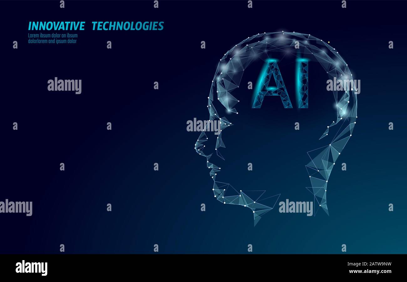 KI Artificial Intelligence Roboter unterstützen 3D. Technologie für Spracherkennungsdienste für virtuelle Assistenten. Plauschiger Vektor des menschlichen Gehirns mit einem niedrigen Poly-Profil Stock Vektor