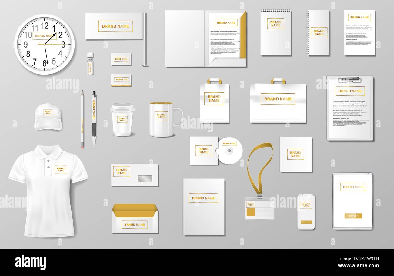 Corporate Identity Template Design. Realistischer Business Stationery Spott für den Shop. Briefpapier und Uniform, Papierpack, Paket für Ihre Marke. Vektor Stock Vektor