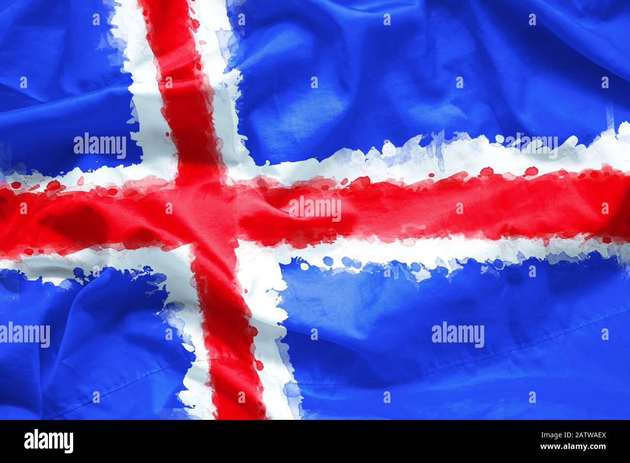 Flagge von Island mit Aquarellfarbe Pinsel auf Leinwand Stoff, Grunge Stil Stockfoto