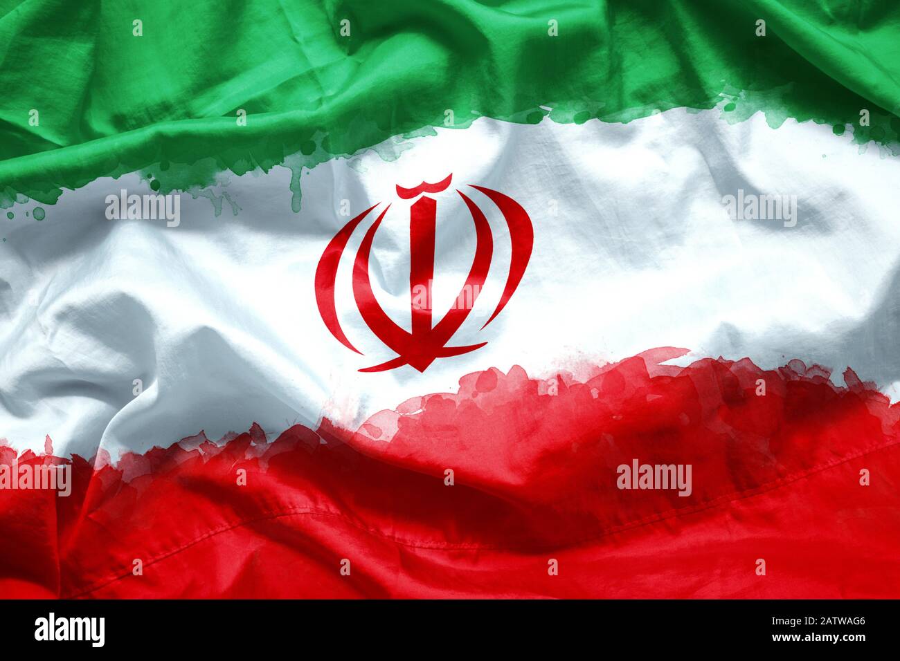 Flagge Islamische Republik Iran mit Wasserfarben-Pinsel auf Leinwandgewebe, Grunge Stil Stockfoto