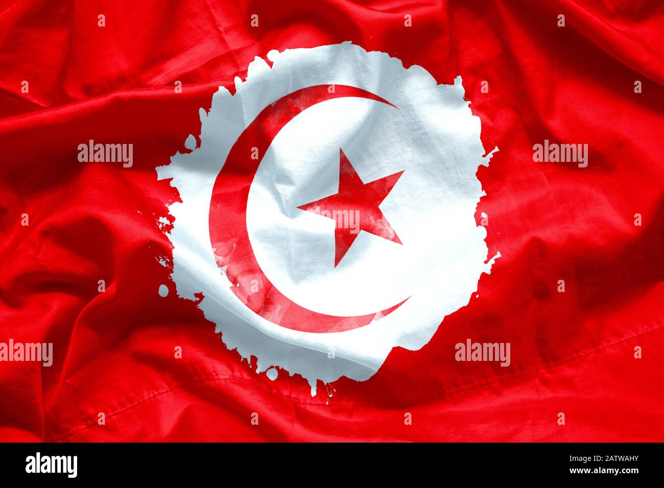 Flaggenrepublik Tunesiens mit Wasserfarben-Pinsel auf Leinwandgewebe, Grunge-Stil Stockfoto