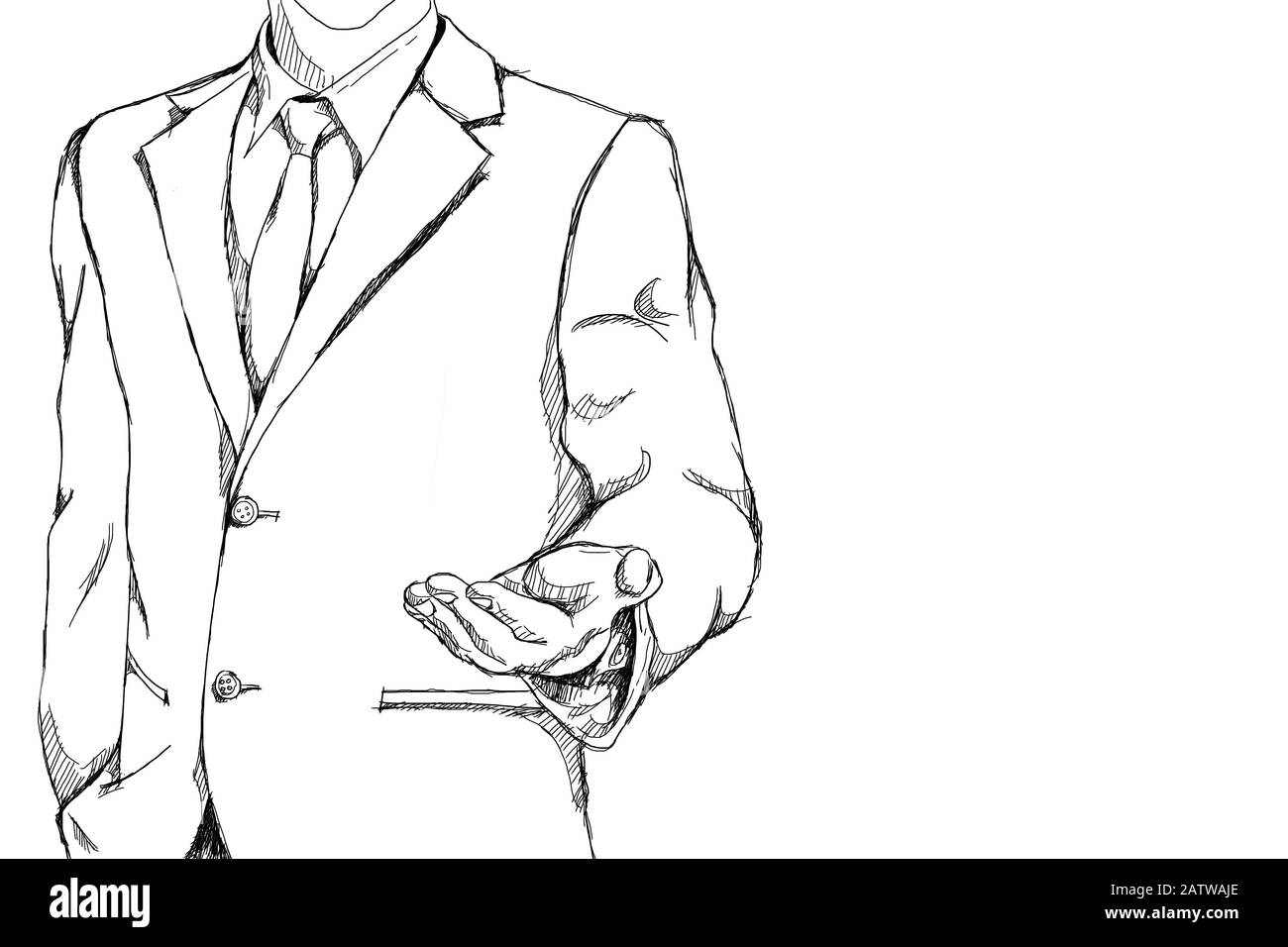 Zeichnung Skizze einfacher Geschäftsmann mit offener Handfläche für Einladungsbedeutung auf freundlichem Geschäft mit Kopierraum Stockfoto