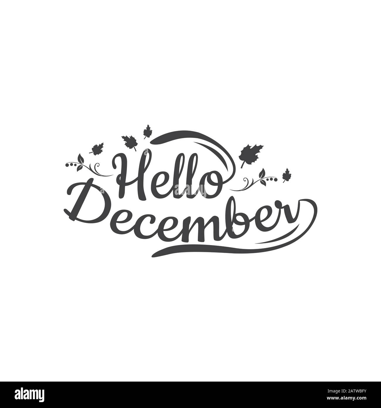 Handgezeichneter Typografie-Schriftzug "Hello, December" isoliert auf dem weißen Hintergrund mit goldenem Kranz. Lustige Pinselfarbe Kalligraphie Beschriftung für Stock Vektor