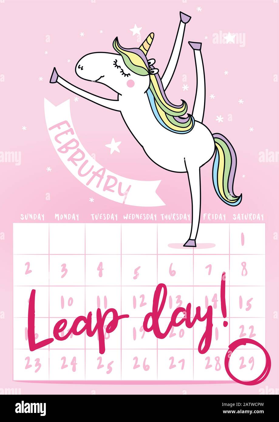 Schalttag Schaltjahr 29 Februar Kalenderseite mit Einhorn. Hintergrund Sprung Tag Schaltjahr 29 Februar Kalender und Einhorn Sprung Illustration Vektor gra Stock Vektor