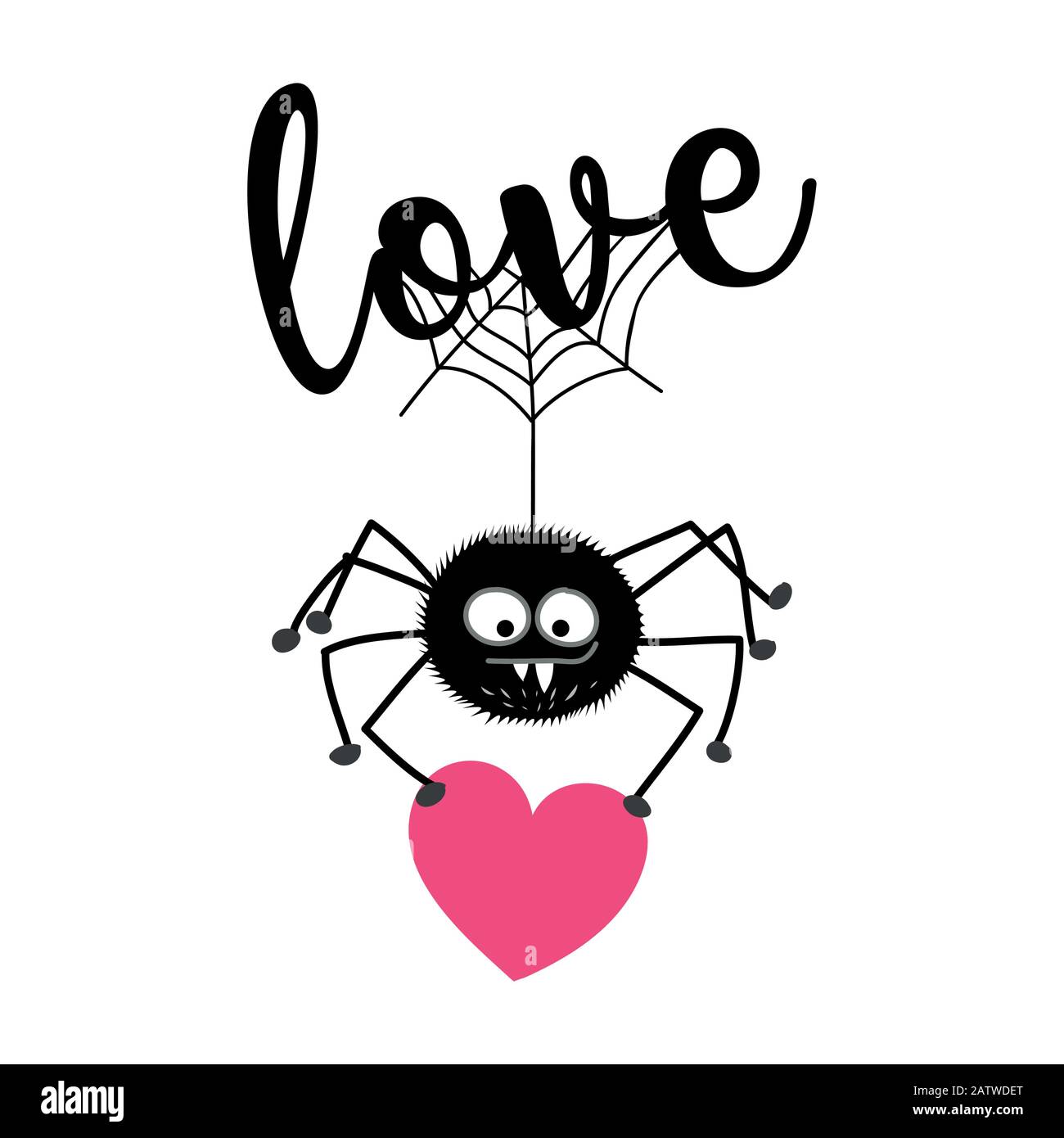 Valentinstag hängende Spinne in Liebe - Doodle-Charakter, lustige schöne schwarze Spinne. Gut geeignet für Poster, Tapete, T-Shirt, Geschenk, Grußkarte, Colori Stock Vektor