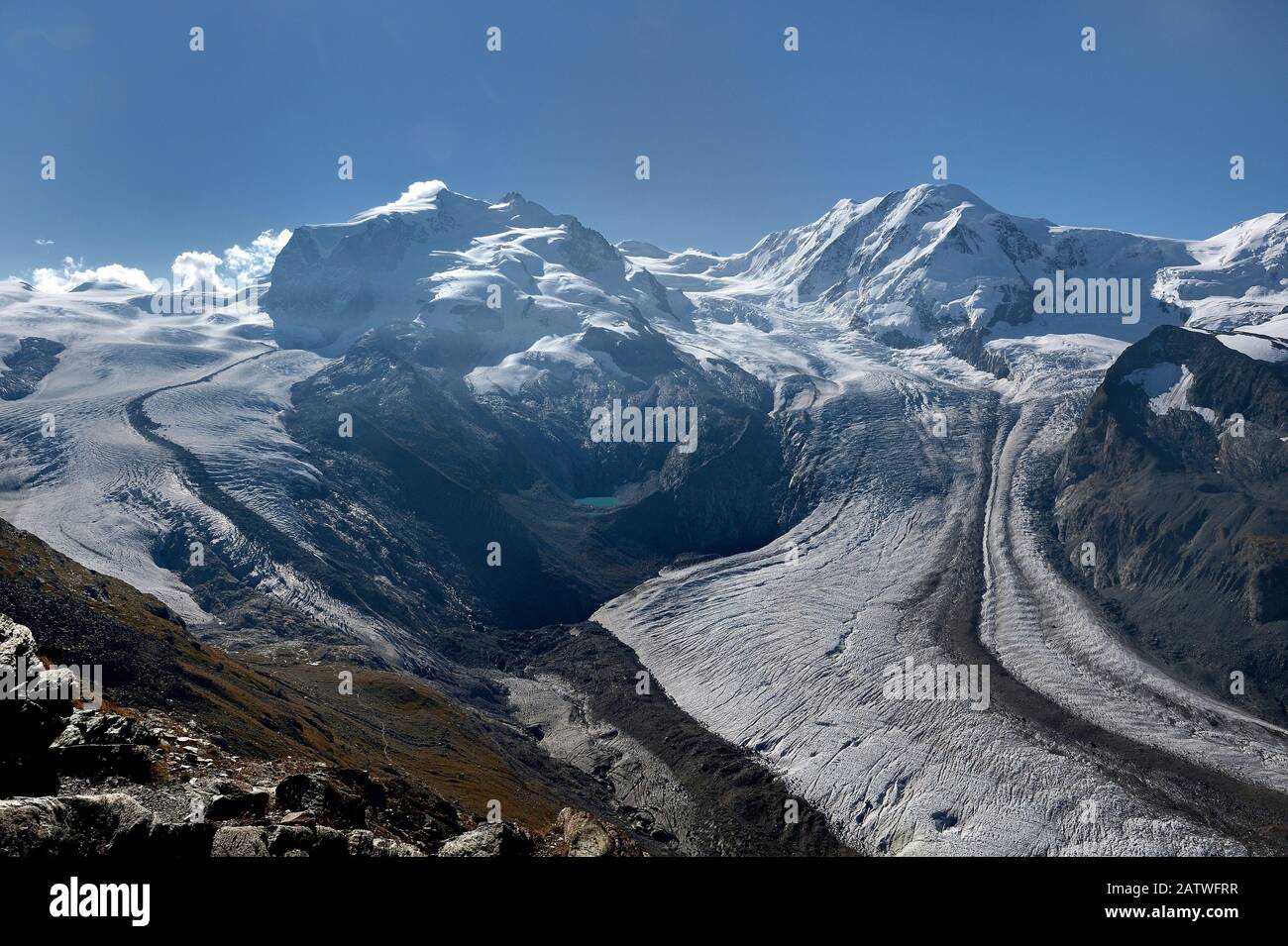Gorner Gletscher mit dem Mont-Rose und Lyskamm, Schweizer Alpen, Wallis, Schweiz. September 2018. Stockfoto