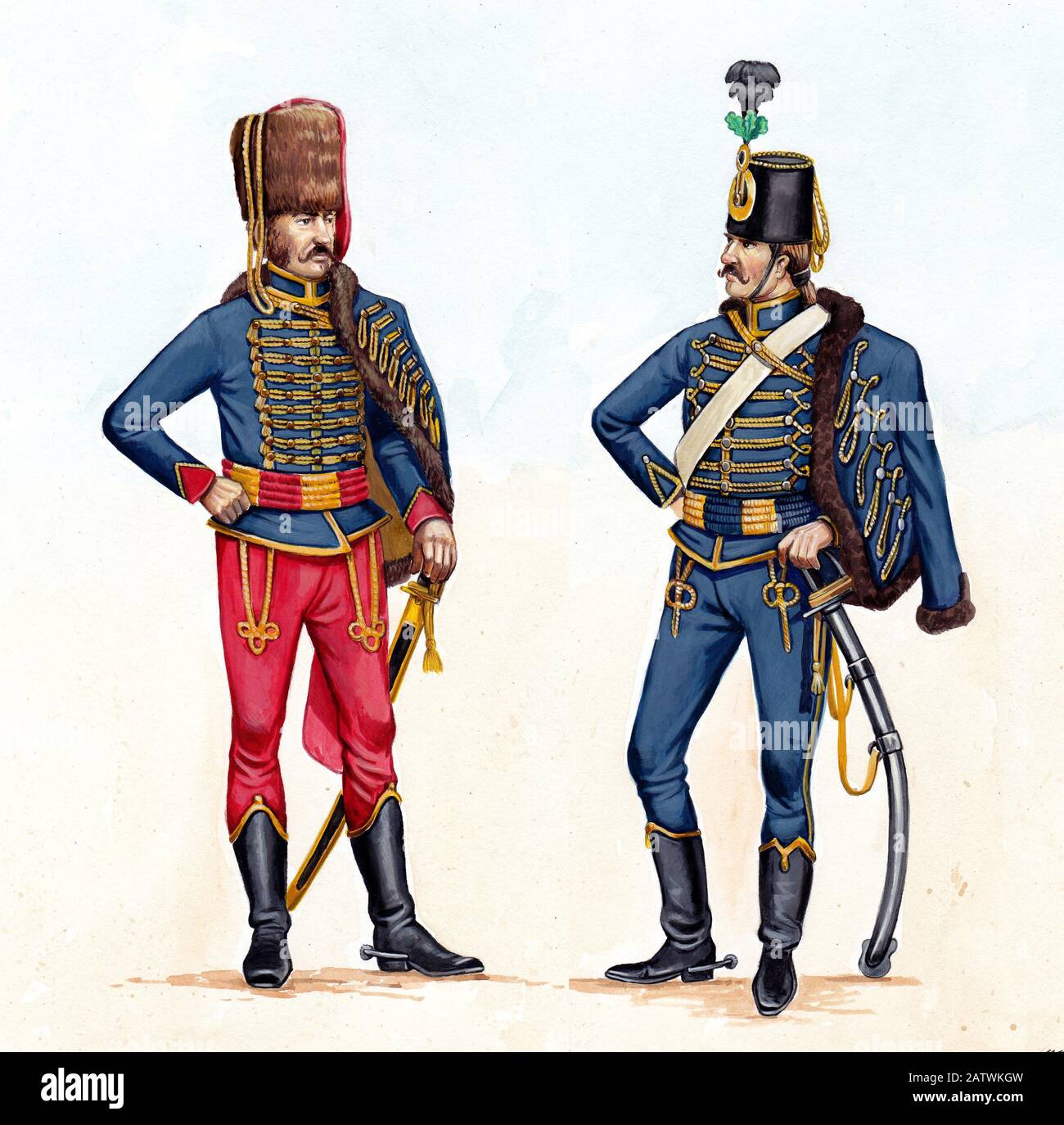 Deutsche Husarenillustration. Hussar-Uniform. Soldaten mit Säbeln. Stockfoto