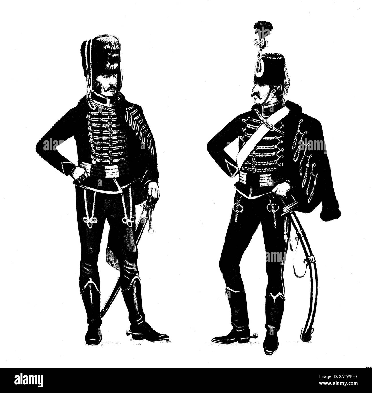 Deutsche Husarenillustration. Hussar-Uniform. Soldaten mit Säbeln. Stockfoto