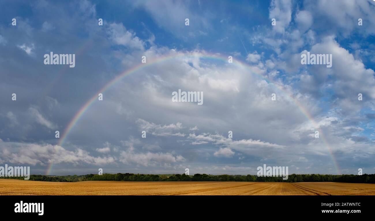 Voller Regenbogen über dem Feld in Much Hadham, Hertfordshire. GROSSBRITANNIEN Stockfoto