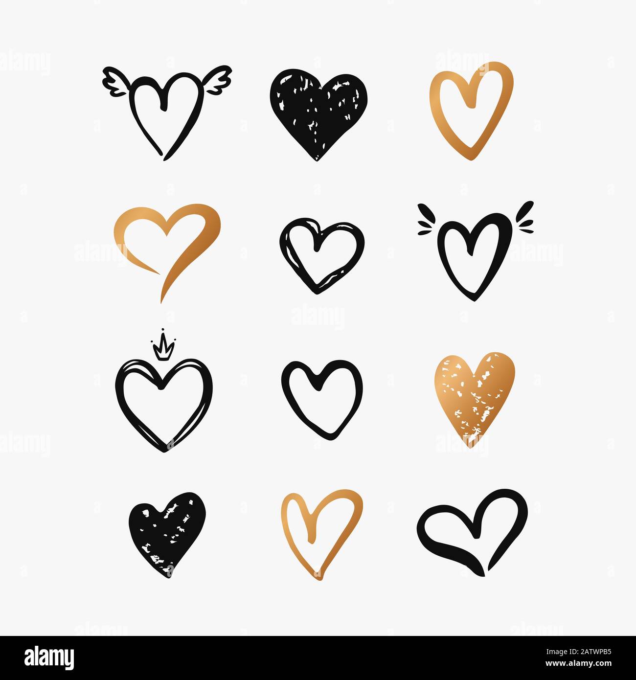 Herzen isoliert auf weißem Hintergrund. Handgezeichnete Vektorsymbole für Liebe, Hochzeit, Valentinstag oder anderes romantisches Design. Set mit 12 verschiedenen Dekora Stock Vektor