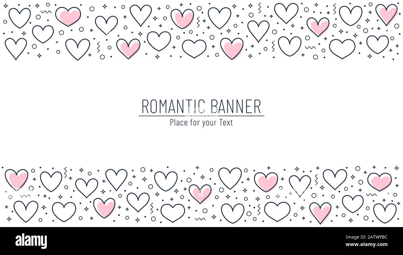 Romantisches Banner mit Linienhearts und Platz für Text. Horizontale Vorlage für Liebe, Hochzeit oder Valentinstag. Vektorhintergrund mit Rahmen f Stock Vektor