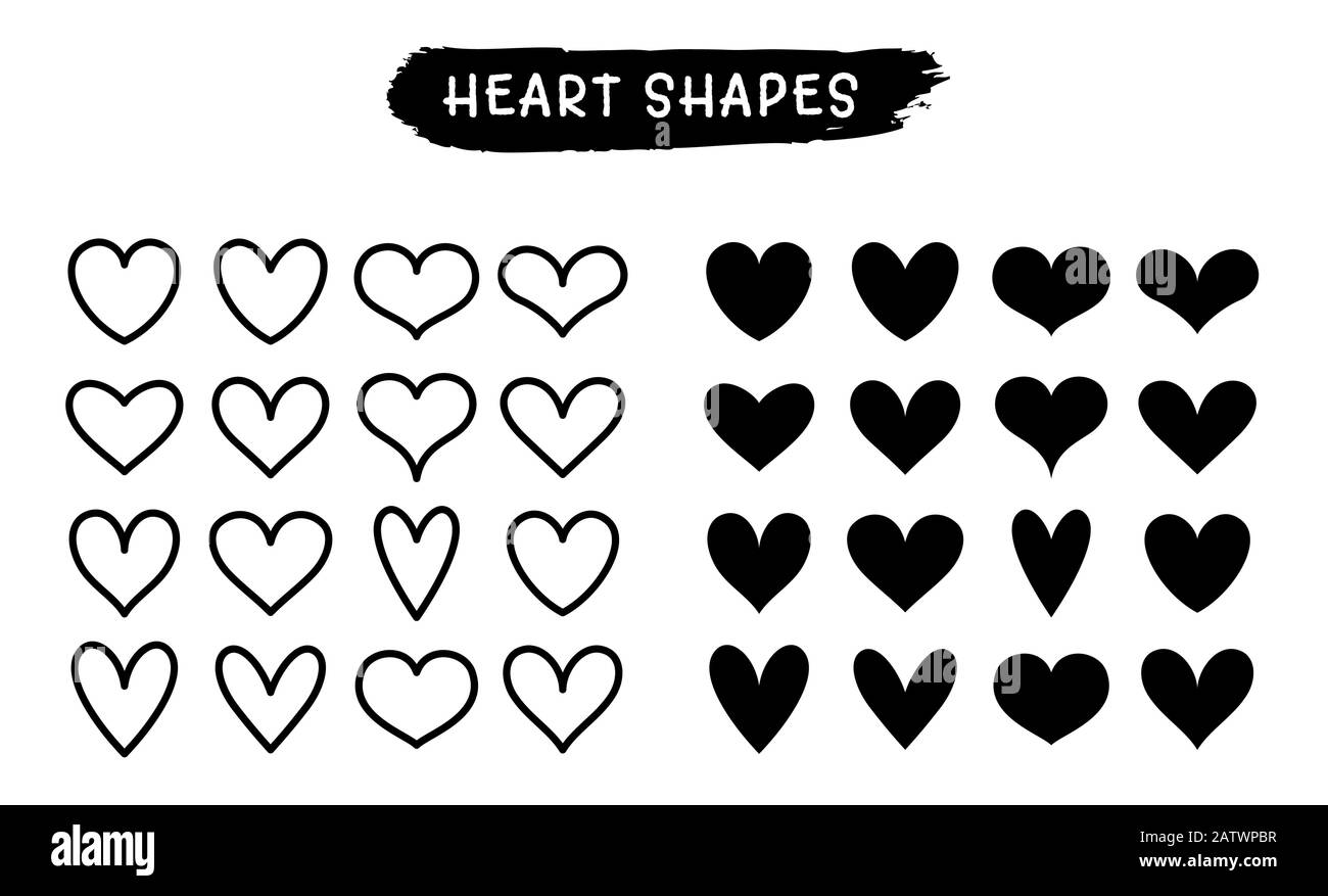 Symbole für Herzlinie und Silhouette, isoliert auf weißem Hintergrund. Vektorsymbole für Liebe, Hochzeit, Valentinstag oder andere romantische Designs. Satz mit 16 Stock Vektor