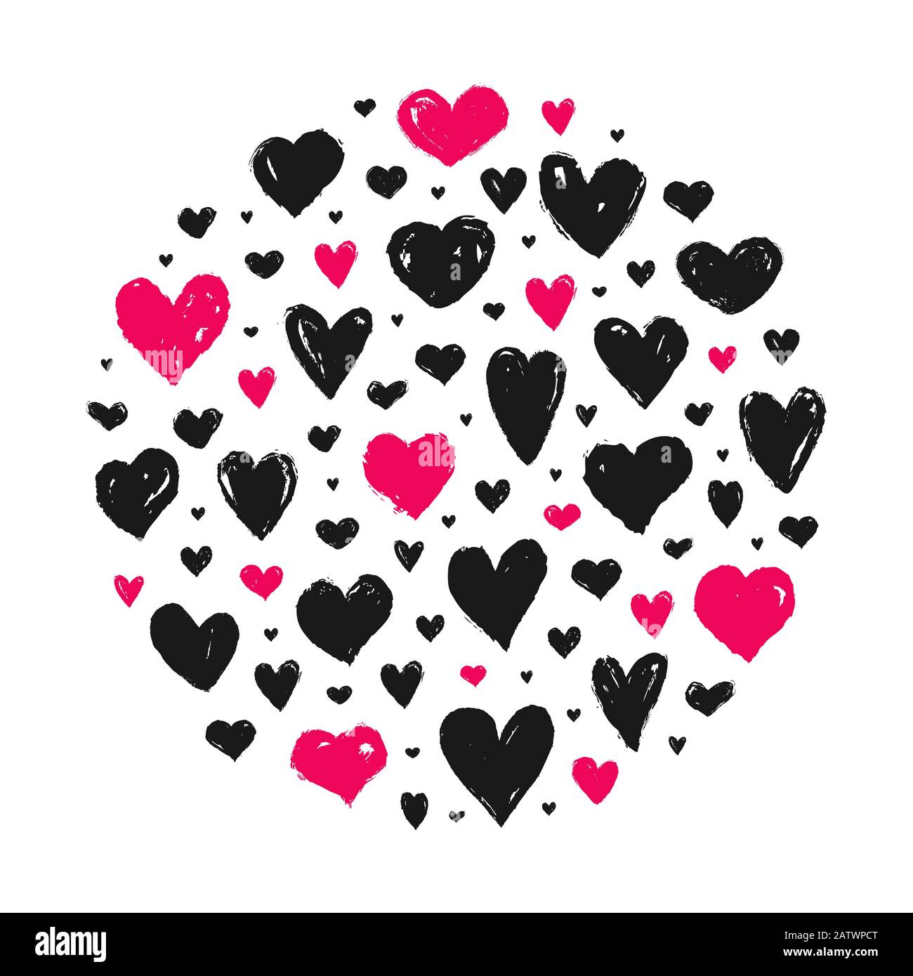Herzen isoliert auf weißem Hintergrund. Kreisform aus gemalten handgezeichneten Herzen. Vektorgrafiken für Liebe, Hochzeit, Valentinstag oder andere Stock Vektor