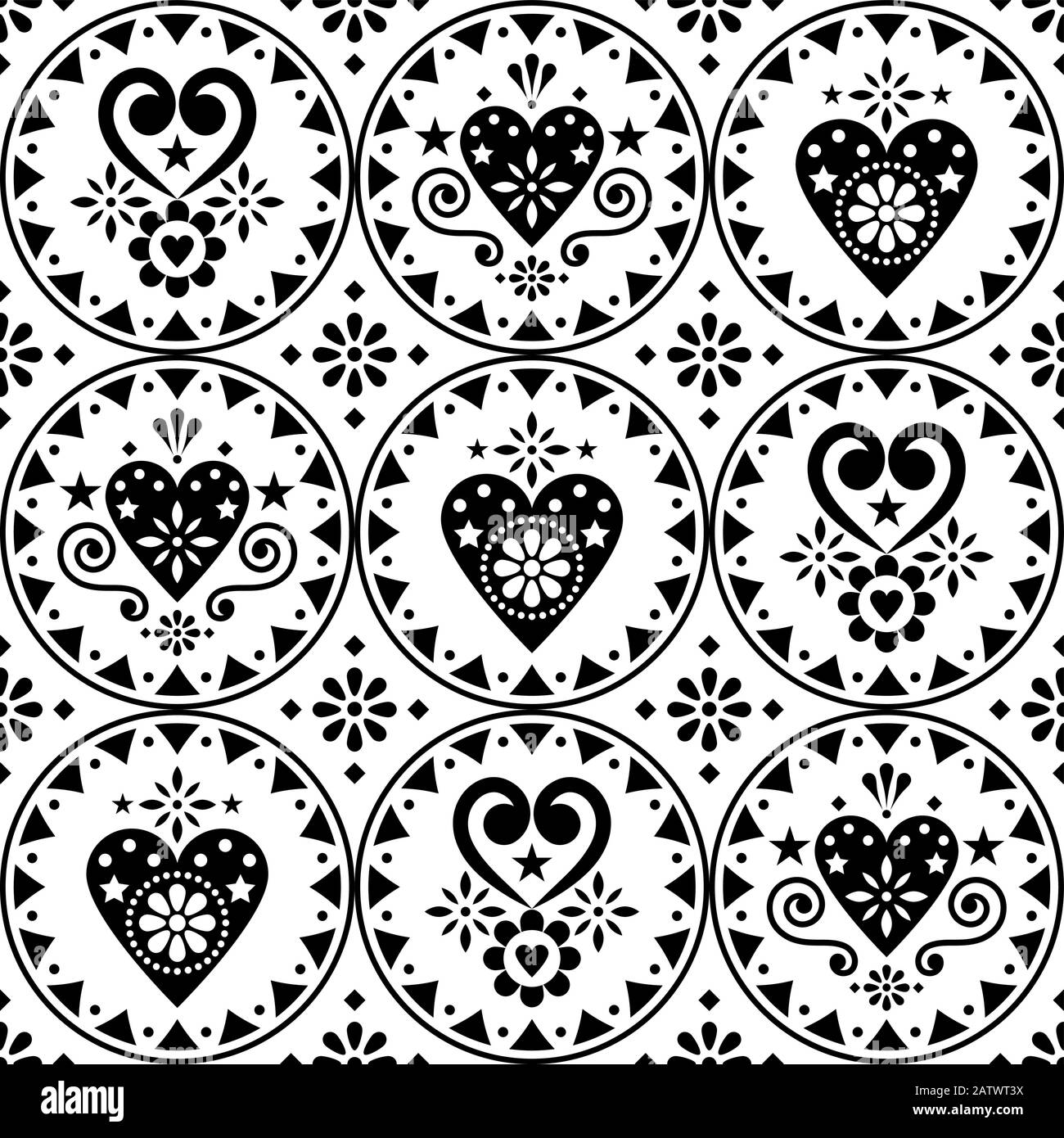 Vektor für den Valentinstag - nahtloses Muster - skandinavisches Design mit Herzen und Blumen Stock Vektor