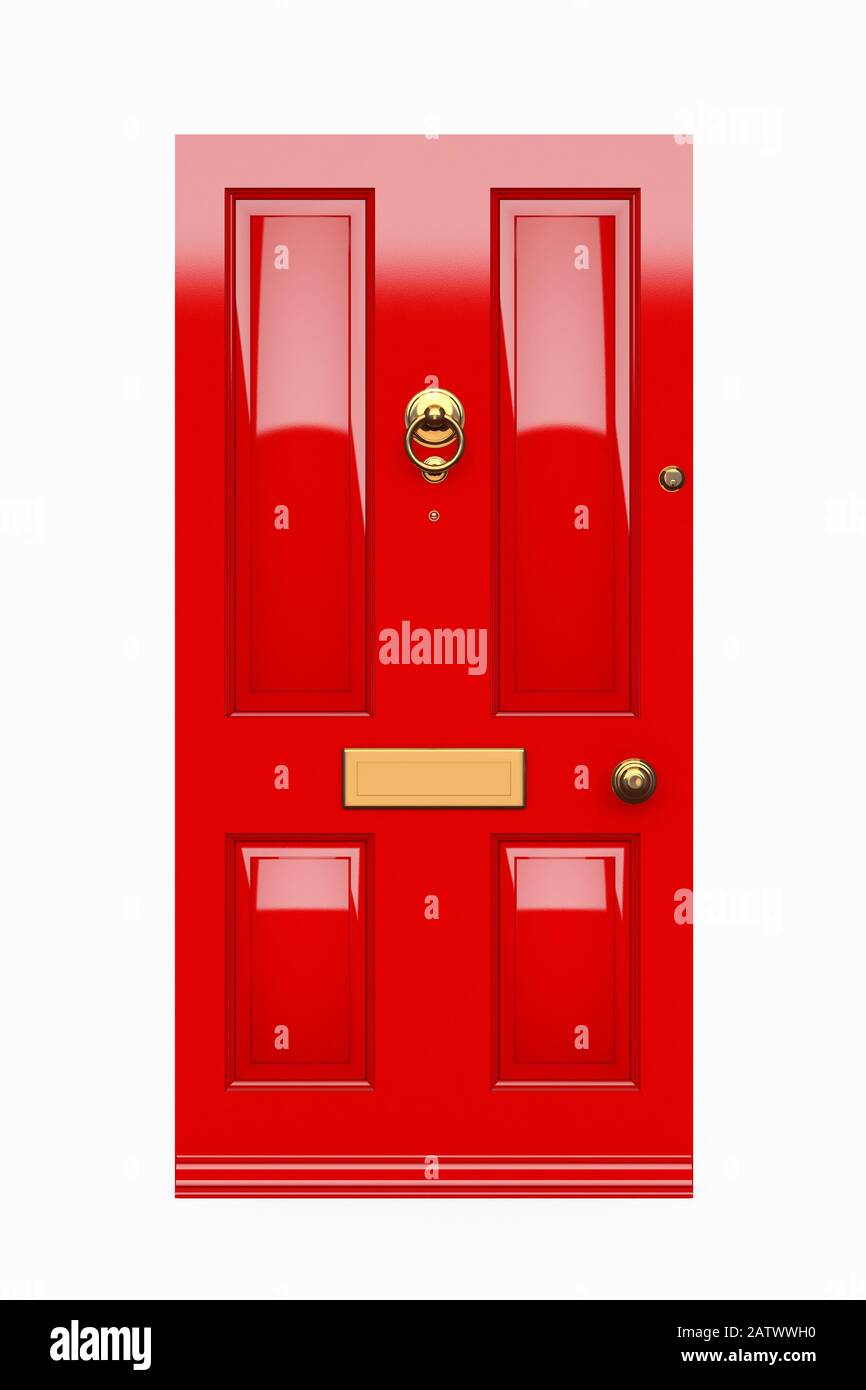 Modell einer roten Haustür im britisch-georgianischen Stil mit Messingknocker und Briefkasten Stockfoto