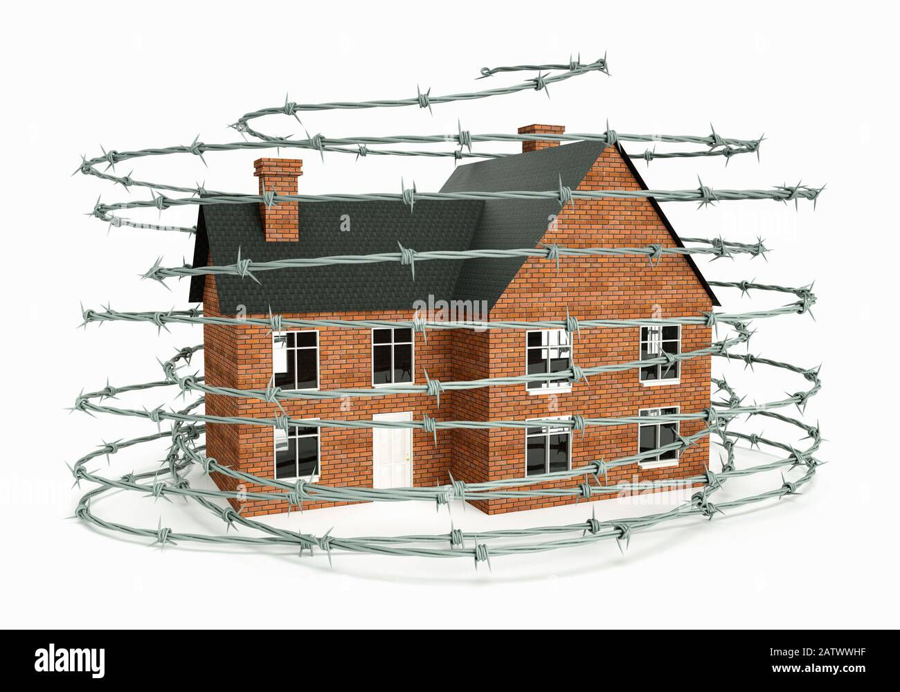 Hausversicherung oder Haus-Sicherheit-Konzept, ein Einfamilienhaus, das in Stacheldraht eingewickelt ist Stockfoto Hausversicherung oder Haus-Sicherheit-Konzept, ein Einfamilienhaus, das in Stacheldraht eingewickelt ist Stockfoto