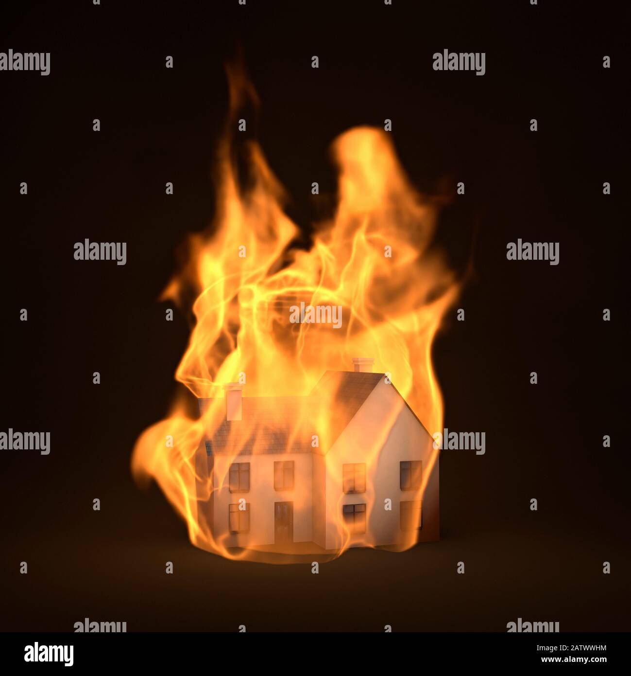 Hausversicherungskonzept, ein freistehendes Haus in Brand, in Flammen eingeschlossen Stockfoto