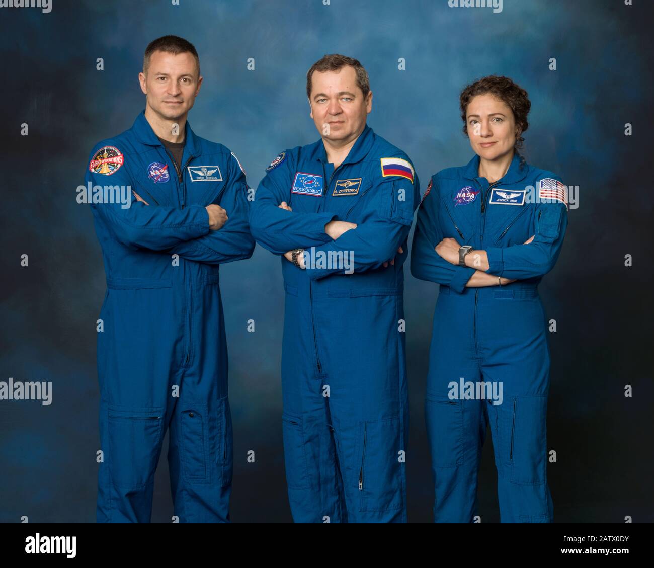 Johnson SPACE CENTER, USA - 12. September 2019 - ISS Expedition 62 Crew Portrait mit NASA Astronaut Andrew Morgan, Roskosmos Kosmonaut Oleg Skripochka und N Stockfoto