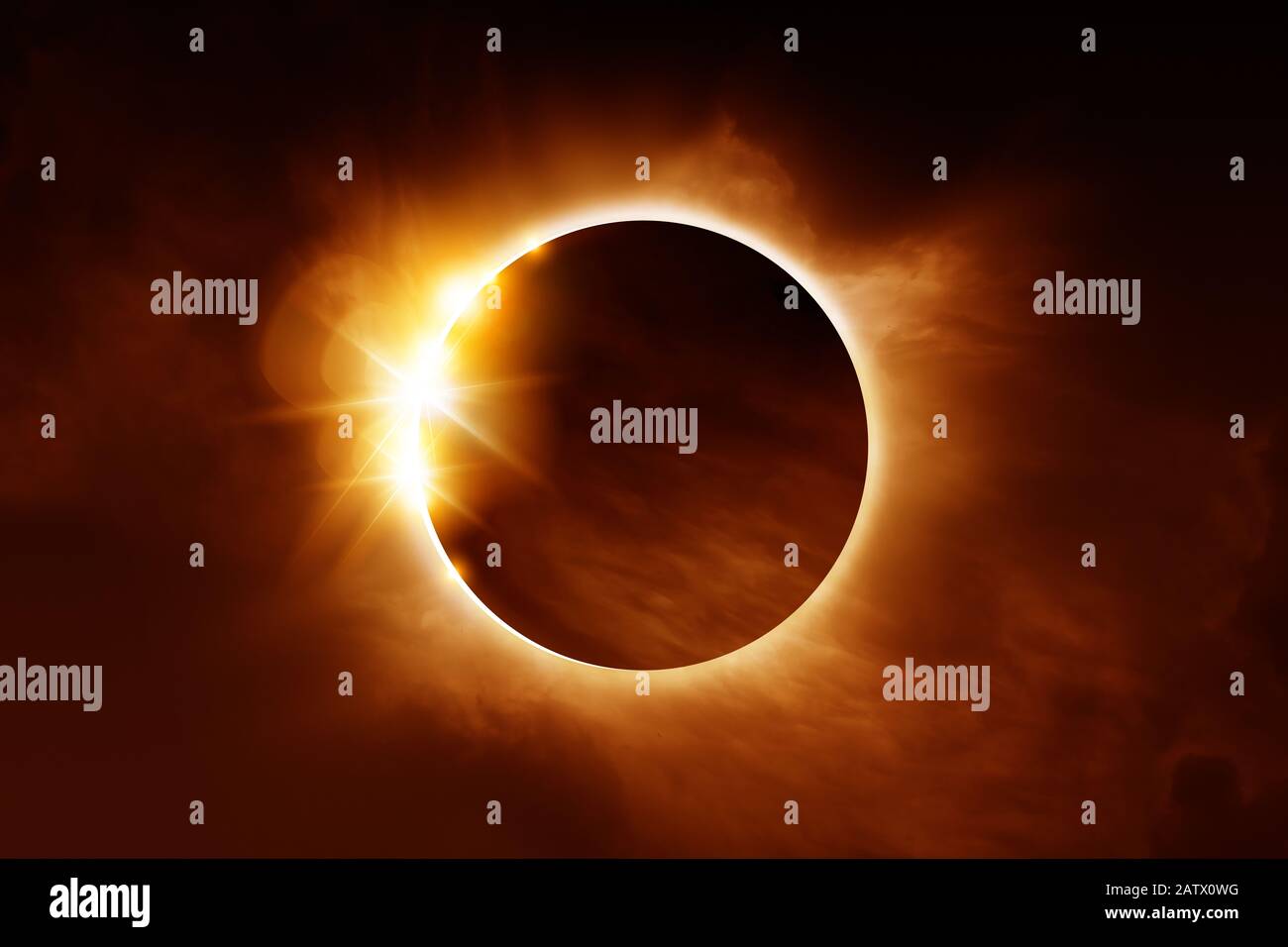 Eine Sonnenfinsternis. Die totale Sonnenfinsternis wird verursacht, wenn die Sonne, Mond und Erde ausrichten. Abbildung. Stockfoto