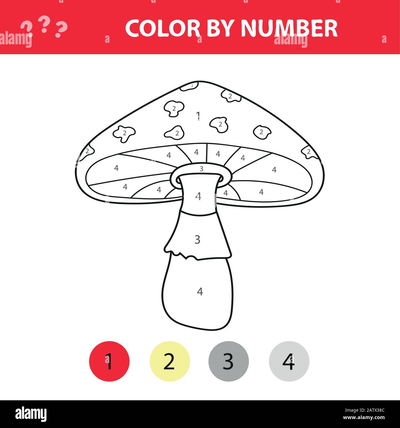 Amanita-Pilz oder Pilze - Malseite, Farbe nach Zahlen. Arbeitsblatt für Schulungen. Spiel für Vorschulkinder Stock Vektor