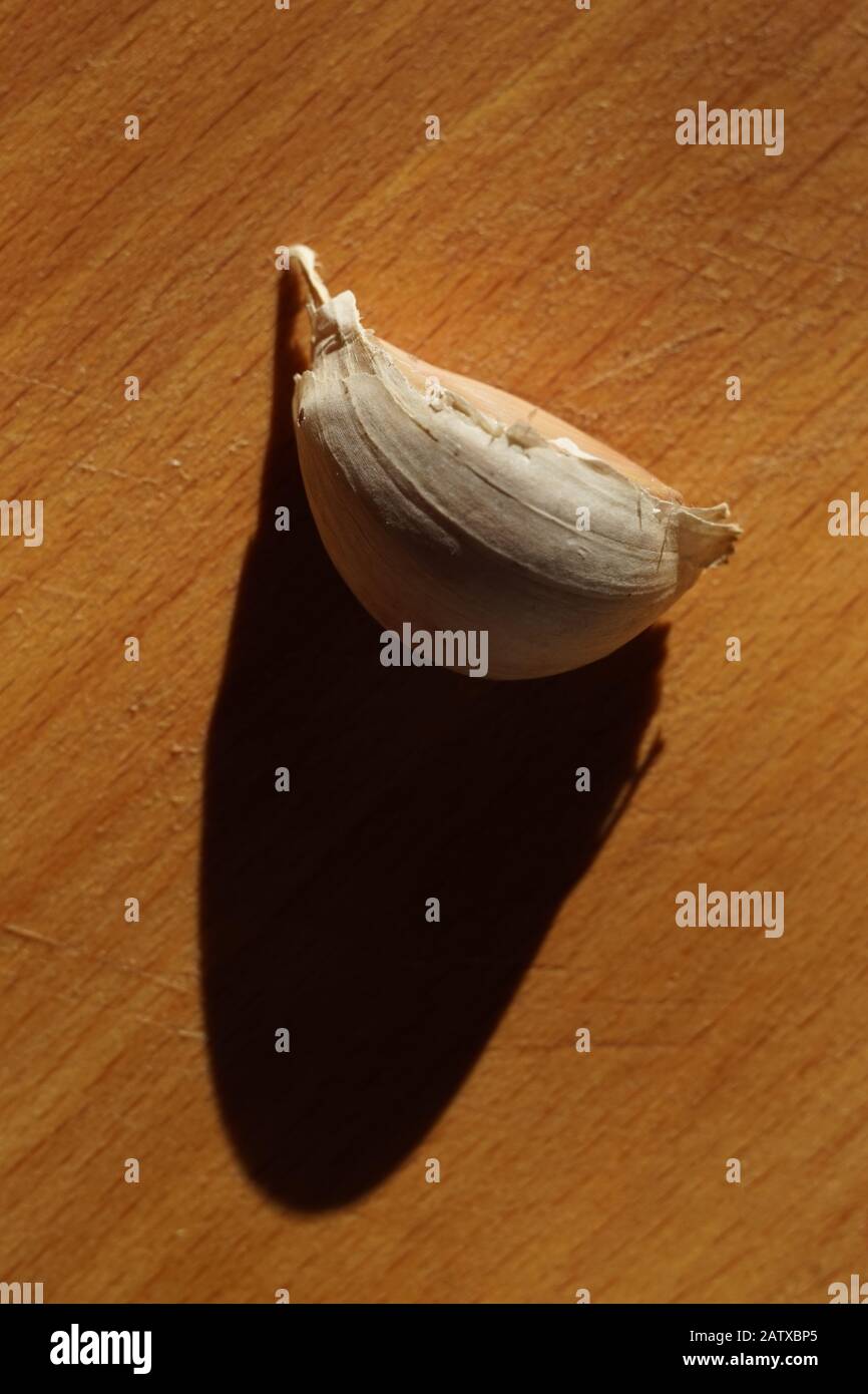 Knoblauchzehe in der Schale auf dem sonnigen Holztisch. Stockfoto