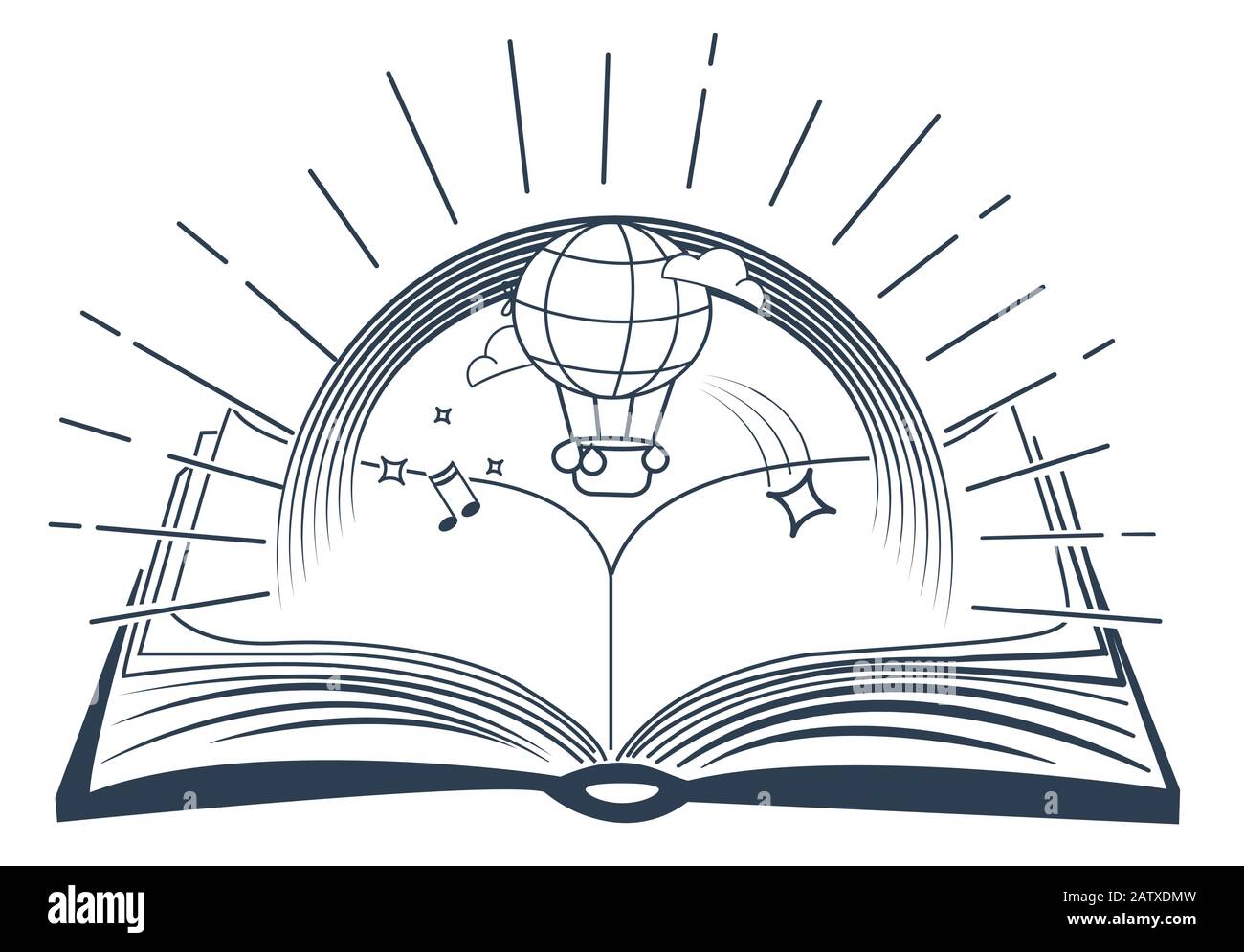 Konzept der Entwicklung pädagogischer Kreativitätstypen in Form eines offenen Buches und Ballons unter dem Regenbogen. Stock Vektor