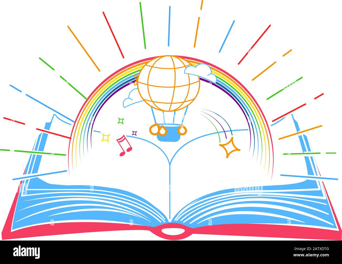 Konzept der Entwicklung pädagogischer Kreativitätstypen in Form eines offenen Buches und Ballons unter dem Regenbogen. Stock Vektor