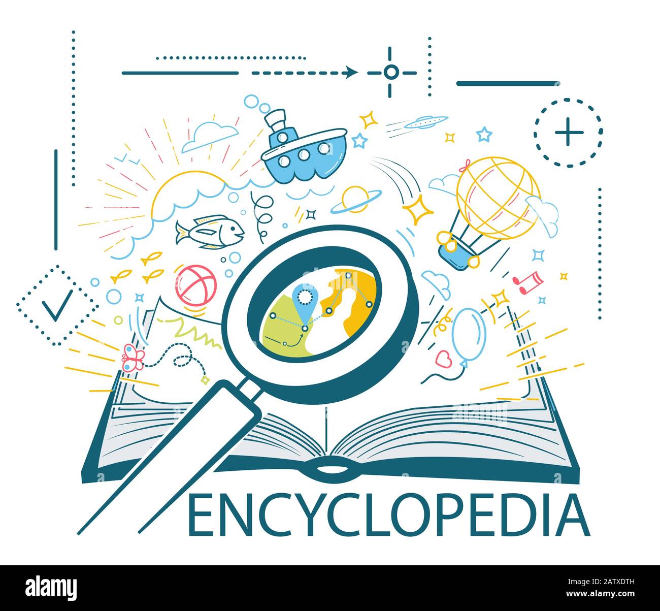 Bildungskonzept, Buchbibliothek, Enzyklopädie in Form eines offenen Buches und verschiedene Ikonen sowie Lupe auf eine Karte im Buch. Ic Stock Vektor