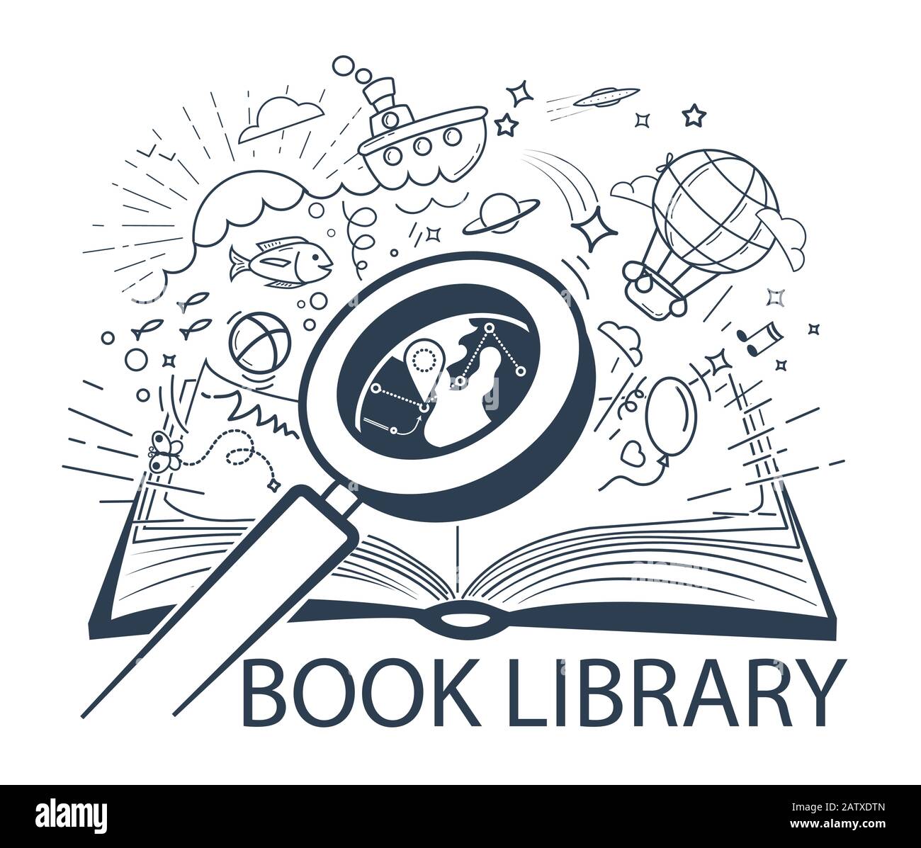 Bildungskonzept, Buchbibliothek, Enzyklopädie in Form eines offenen Buches und verschiedene Ikonen sowie Lupe auf eine Karte im Buch. Ic Stock Vektor