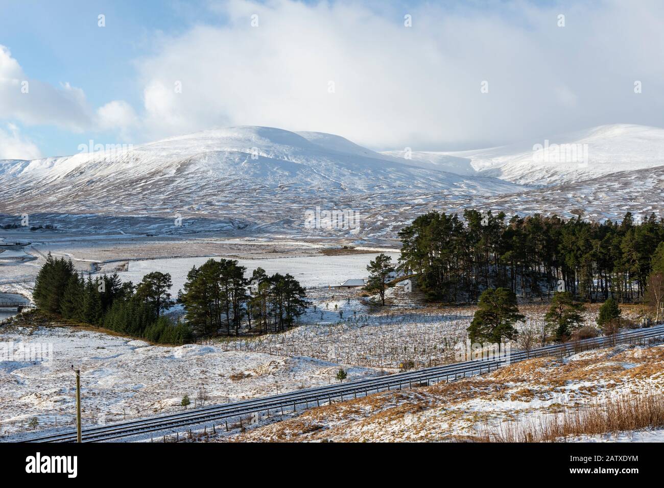 Der schneebedeckte Corbett Meallan Buidhe mit Dalnaspidal Forest and Highland Main Line Railway im Vordergrund, Perth and Kinross, Schottland, Großbritannien Stockfoto